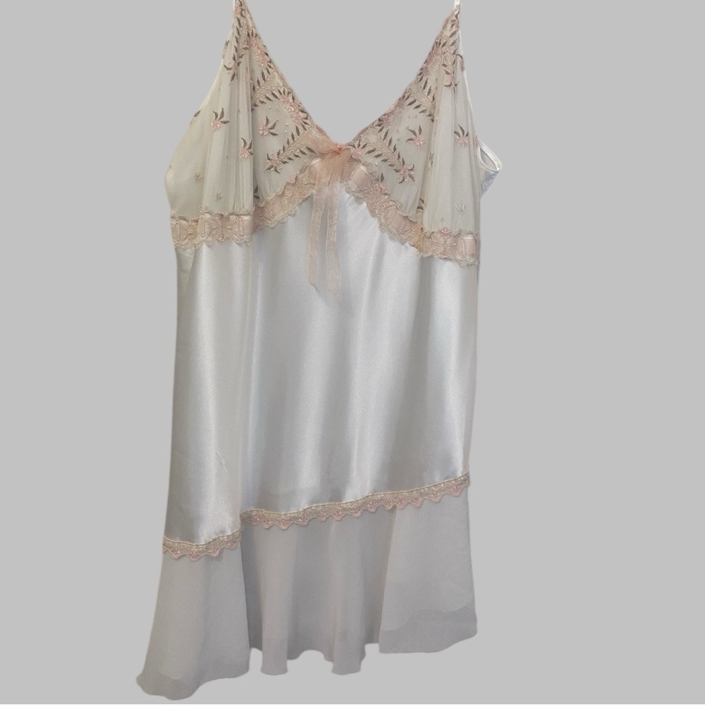 Delicates Ivory Satin feel Nightgown Asymmetrical Hem Embroidered Lacey …
